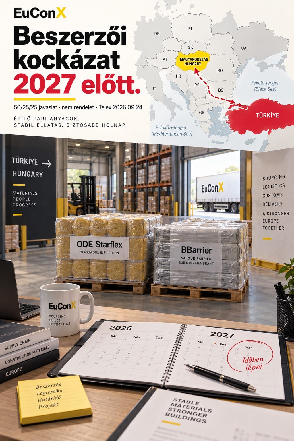 Sematikus Törökország–Magyarország folyosó, ODE Starflex és BBarrier raklapok, EuConX beszerzési asztal — 2027 előtti beszerzői kockázat.